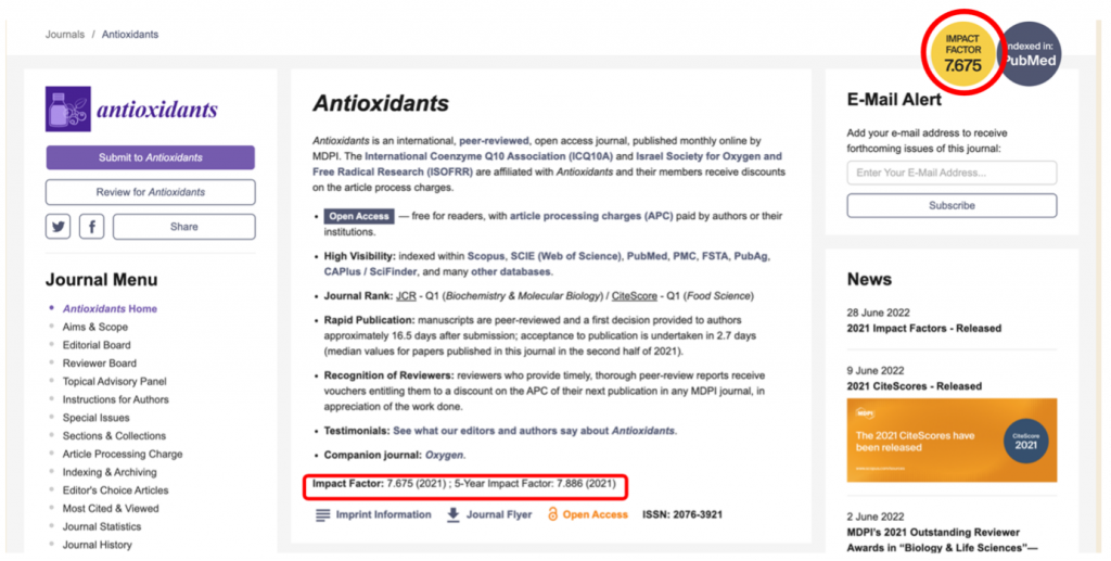 An image with the Impact Factor outlined in red on the Antioxidants webpage.