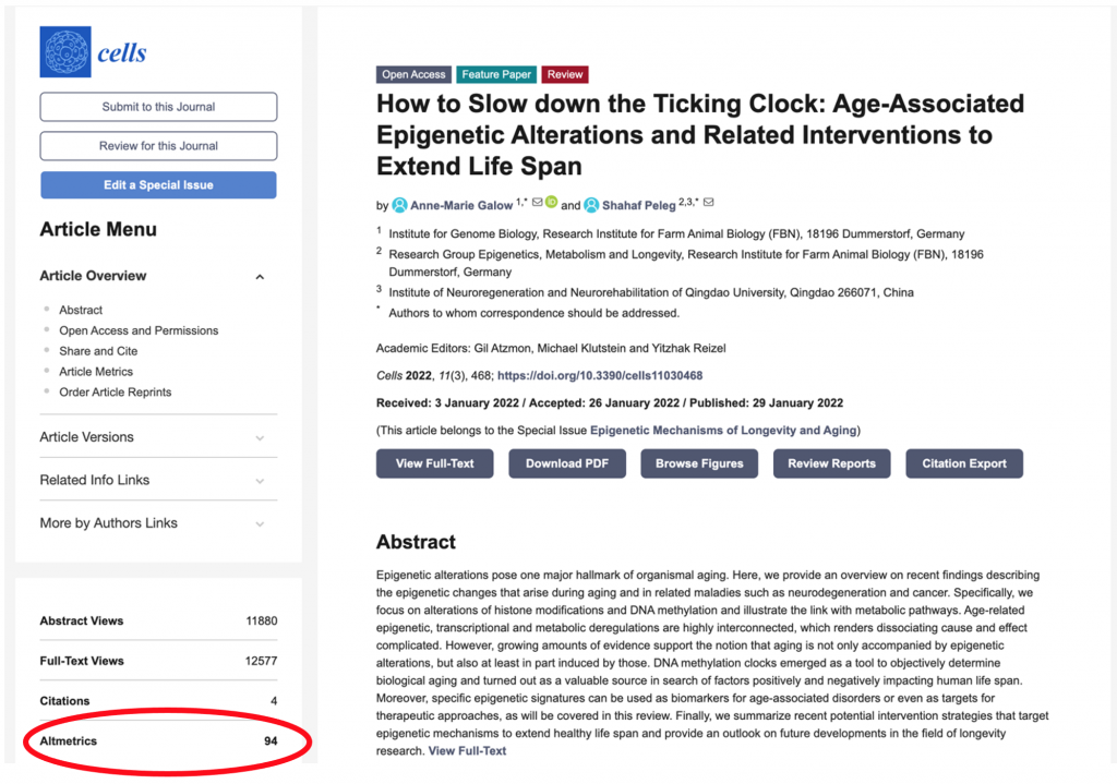 An image highlighting the Altmetric number on the paper's webpage.